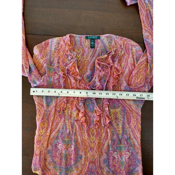 Lauren Ralph Lauren Silk Paisley Ruffle V Neck Tie Blouse Top S / P - Picture 7 of 12